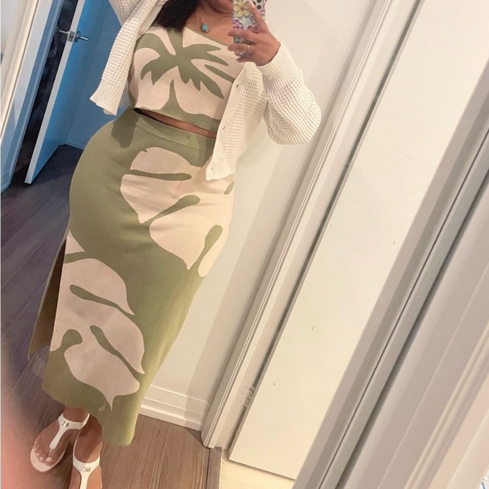 Anthropologie Green and Cream Skirt Set